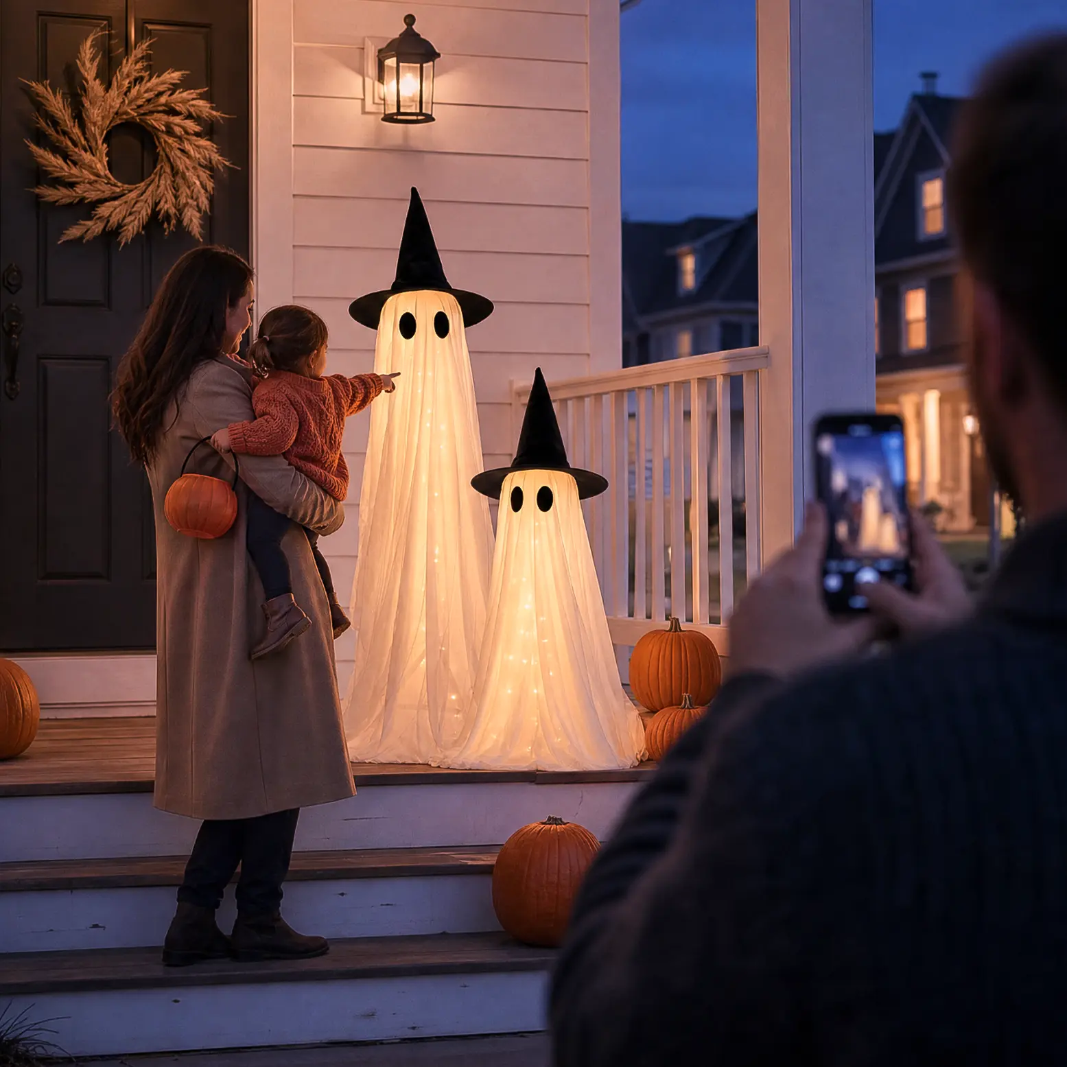 Lighted Halloween ghosts displayed on a family porch
